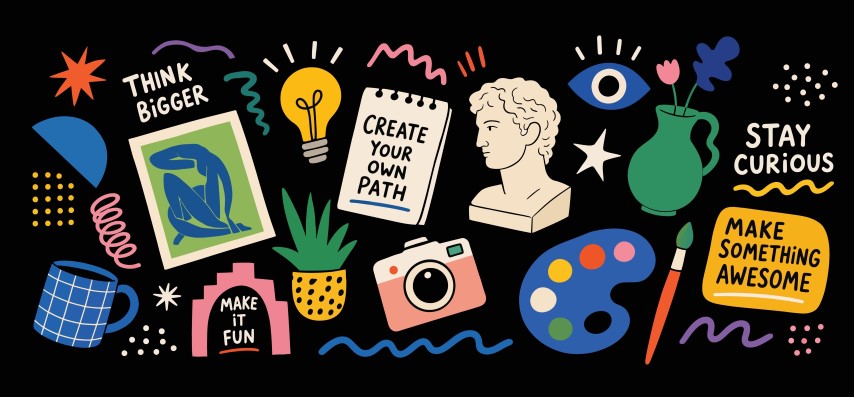 Creative work and motivation elements set.